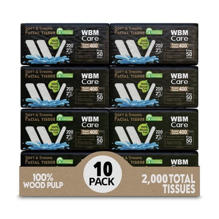 WBM 2-Ply Facial Tissue, Tea Tree Fragrance, 200 Tissues per Pack, Pack of 10, White