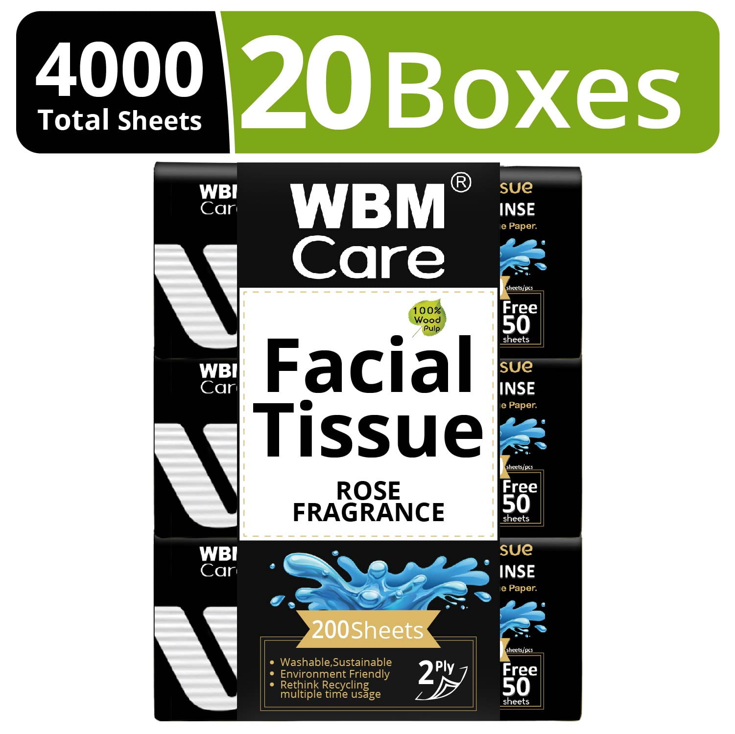 WBM 2Ply Facial Tissues with Rose Fragrance, (200 Sheets per Pack