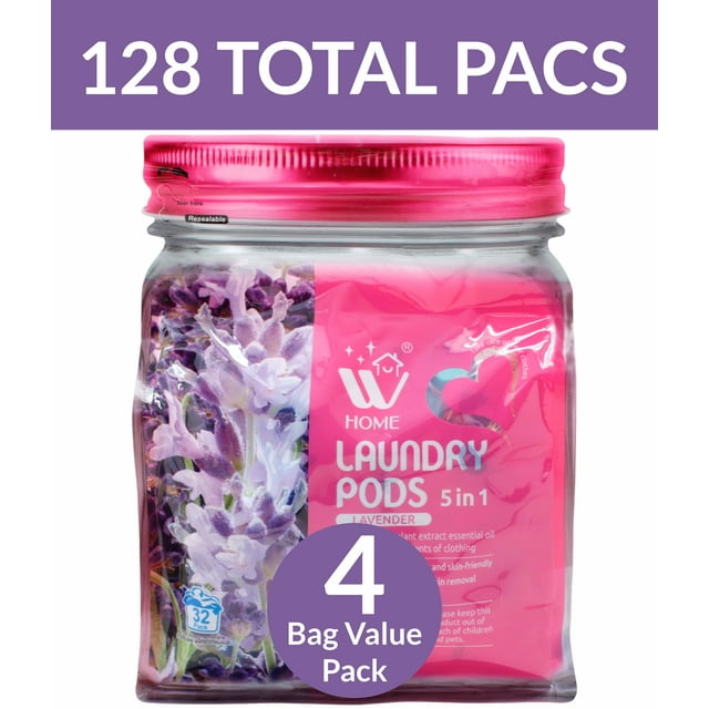 WBM 5 in 1 Laundry Pods Bags, Total 128 Pods, Fabric Softener with Lavender Scent 32 Count