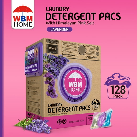 WBM 5 in 1 Laundry Pods Bags, Total 128 Pods, Fabric Softener with Lavender Scent
