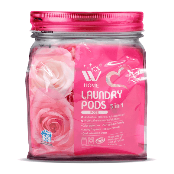 WBM Laundry Detergent Pods, Liquid, Rose Fragrance, 5-in-1 Formula with Fabric Softener, 32 count per pack, 16.9 fl oz