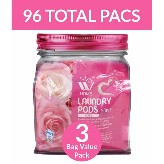 WBM Laundry Detergent Pods, 5-in-1 Formula, Rose Scent, 32 Count Each, Pack of 3 (Total 96 Pods), Liquid Laundry Capsules