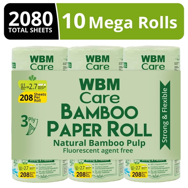 WBM UltraSoft & Strong 3 Ply Bamboo Toilet Paper 10 Rolls for Sensitive Skin