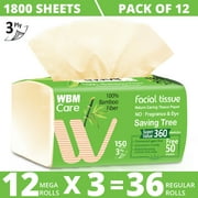 WBM Care Bamboo Facial Tissues, 150 Tissues per Box, 12 Pack 1800 Tissues Total