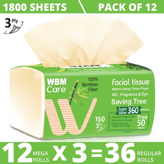 WBM Care Bamboo Facial Tissues, 150 Tissues per Box, 12 Pack (1800 Tissues Total)