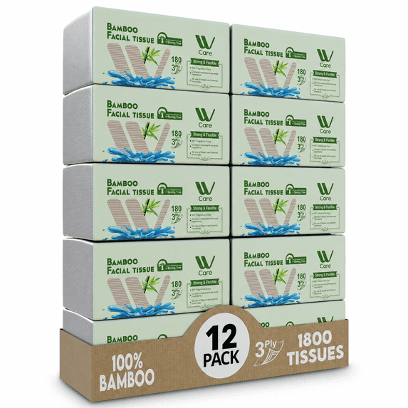 WBM Care Bamboo Facial Tissues, 150 Tissues per Box, 12 Pack (1800 Tissues Total)