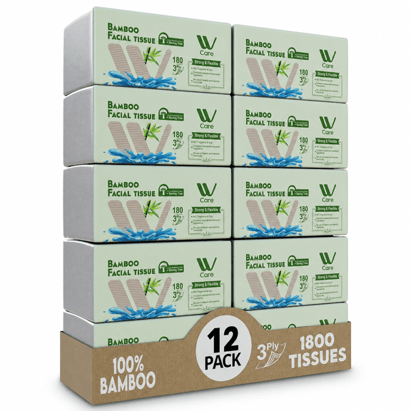 WBM Care Bamboo Facial Tissues, 150 Tissues per Box, 12 Pack (1800 Tissues Total)