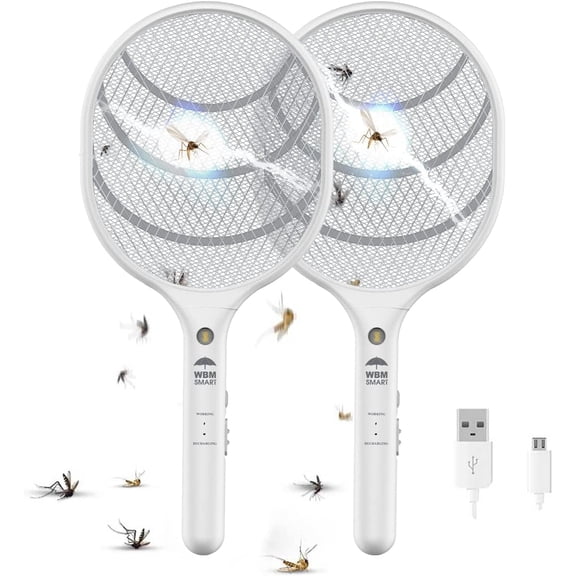 WBM Electric Fly Swatter, Insect Bug Zapper and Mosquitos Racket for Indoor & Outdoor, White - 2 Pcs, Plastic
