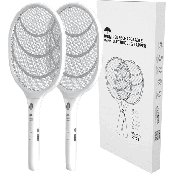 WBM Electric Fly Swatter, Insect Bug Zapper and Mosquitos Racket for Indoor & Outdoor, White - 2 Pcs, Plastic