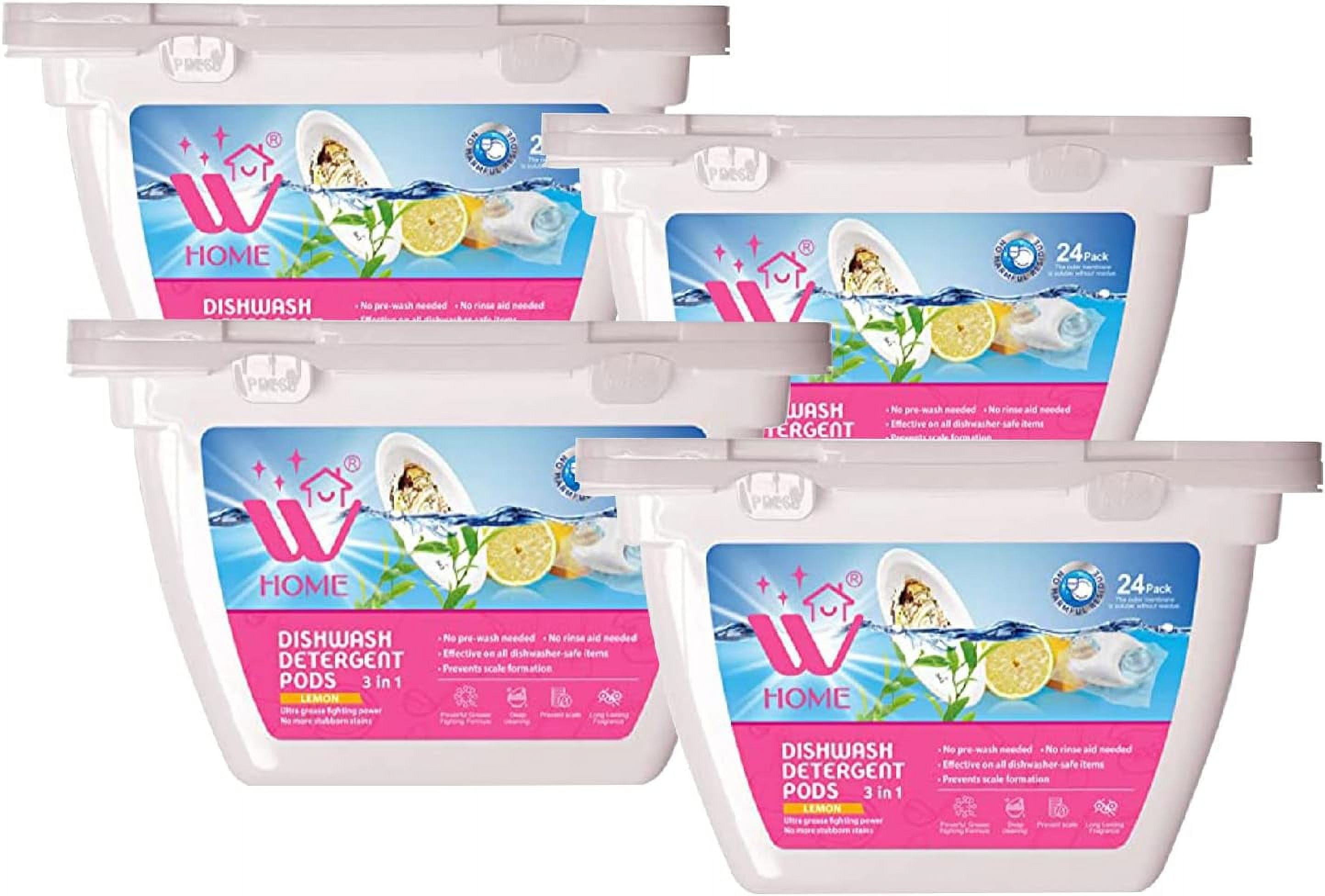 WBM Home 3-in-1 Dishwasher Pods - Powered Free & Clear Detergent for Residue-Free Dishes - 96 Count Total, 24 Pods/Each - Pack of 4