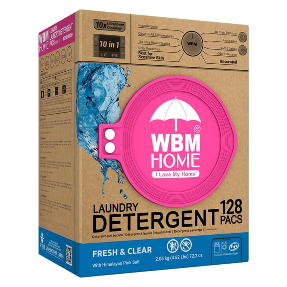 WBM Home Laundry Detergent Pods Fresh & Clear Unscented, 128 Count, 10x Cleaning Power, Color Protection