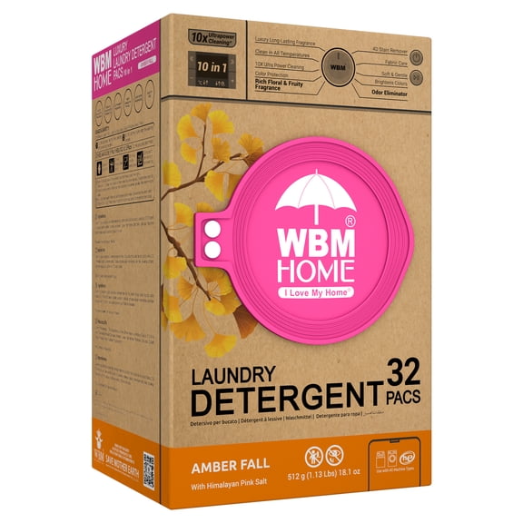 WBM Home Laundry Detergent Pods Amber Fall Fragrance, 32 Count, 10-in-1 Ultra Power Cleaning