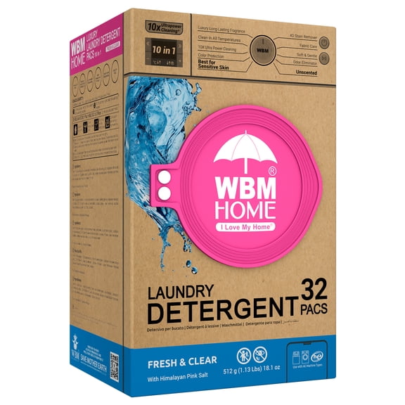 WBM Home Laundry Detergent Pods, 32 Count | Fresh & Clear Unscented | Laundry Pods 10x Ultrapower Cleaning With Color Protection and Eco-Friendly Packaging