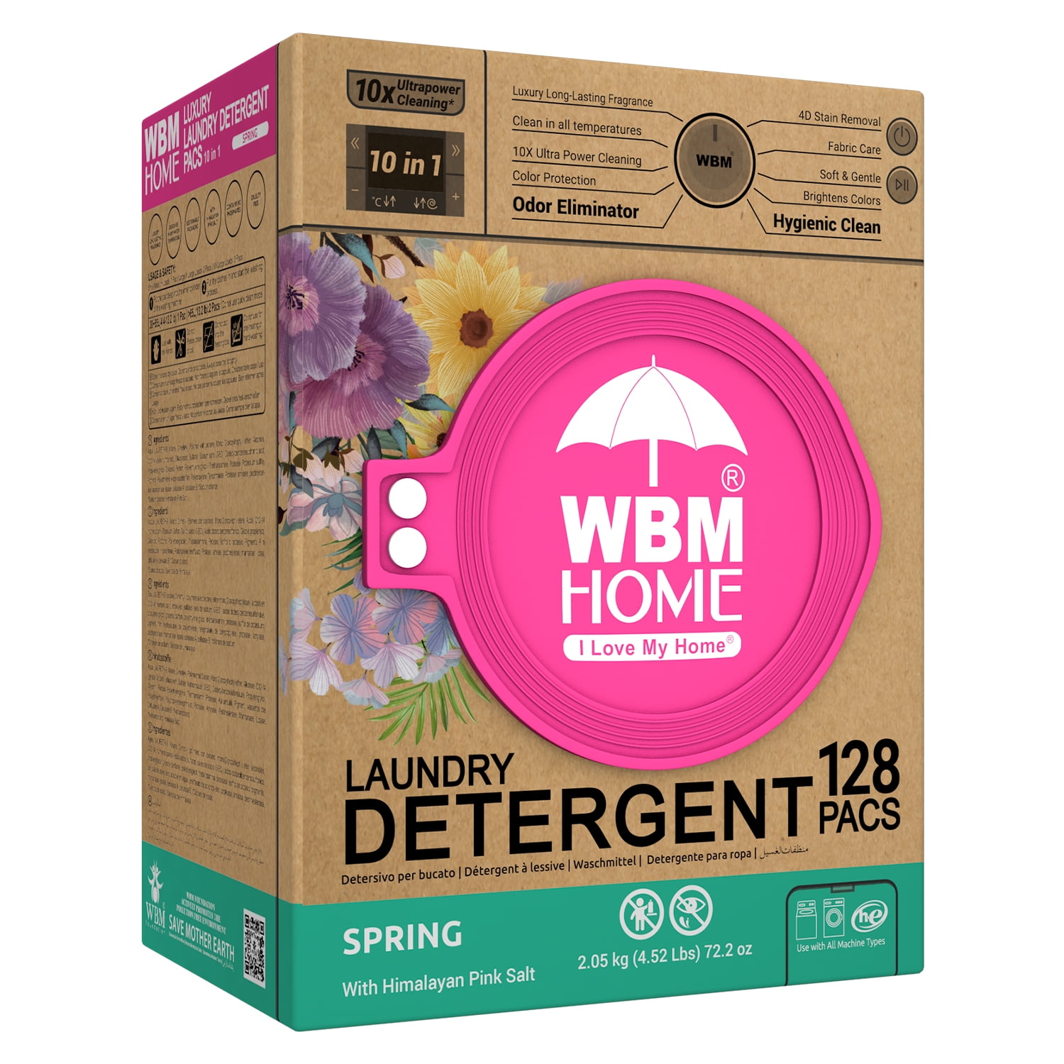 WBM Laundry Detergent Pods, Spring Fragrance, 128 Count, HE Concentrated, 10x Ultra Power