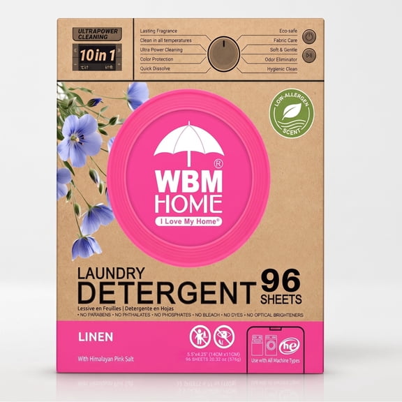 WBM Home Laundry Detergent Sheets, 96 Count – 10 in 1 Linen Scent Laundry Sheets with Himalayan Pink Salt, No Parabens No Dyes No Phosphates, For HE Top & Front Load Washers