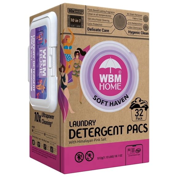 WBM Home Laundry Pods, 32 Count | Specially Designed for Undergarments With Soft Heaven Fragrance | Laundry Detergent Pods Formulated With Plant-Based Formula and Gentle Stain Remover