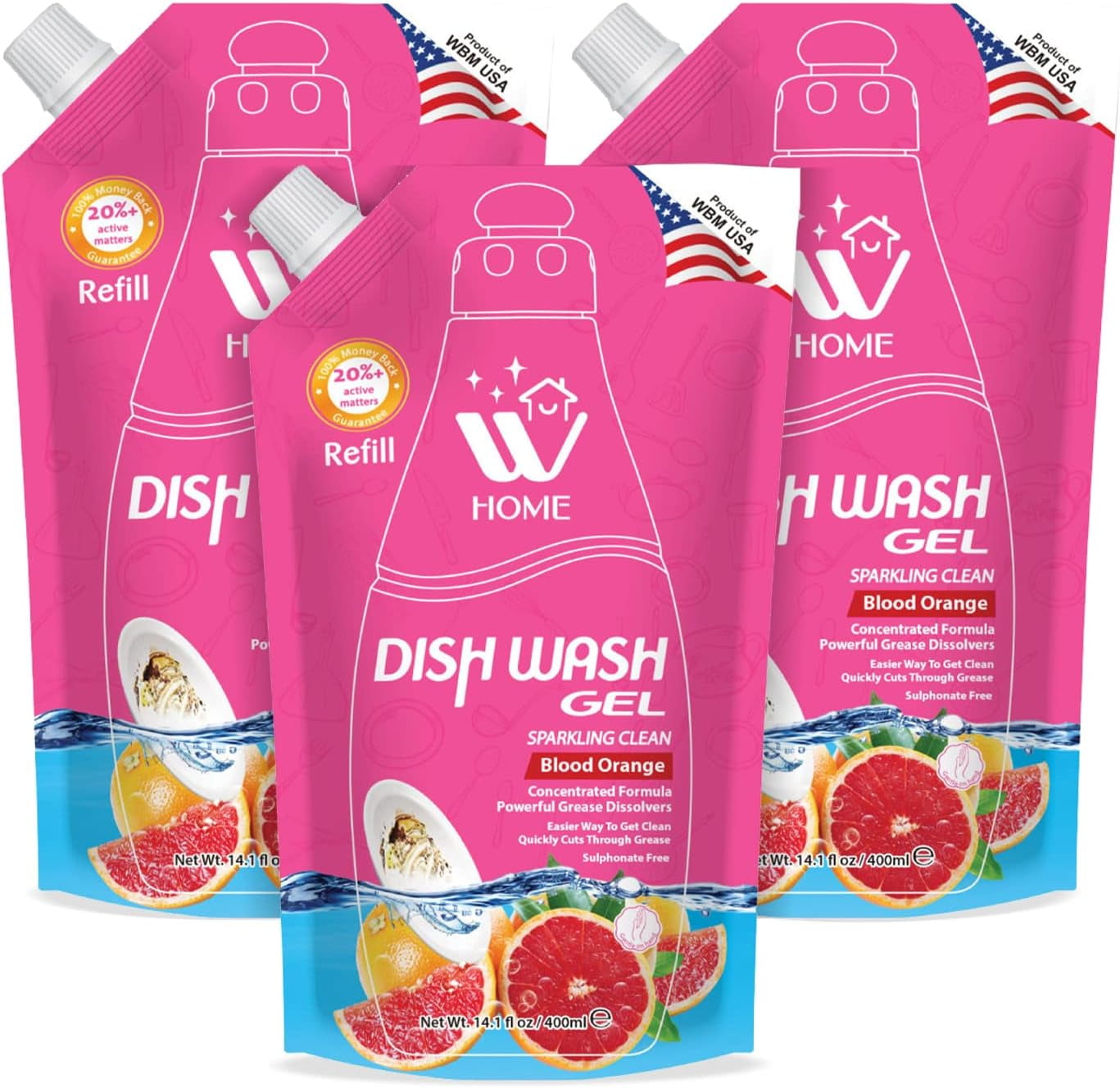 WBM Home Liquid Dish Soap Refills, Ultra Grease Fighting Power, Formulated with Blood Orange Extracts, 400ml Each - Pack of 3