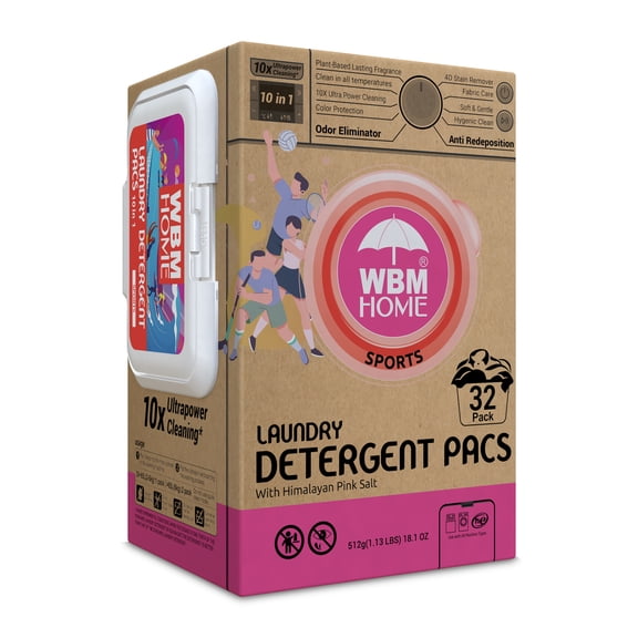 WBM Laundry Detergent Pods, Autumn Scent 32 Pods in Recycleable Packaging for 10x Ultra Power Cleaning, Odor Defense for Activewear & Sports Shirts