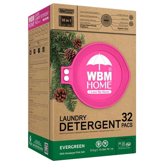 WBM Laundry Detergent Pods - Ultra-Concentrated, Hypoallergenic, Stain-Fighting, Evergreen Scent, 32-Pack, Recyclable Packaging for Eco-Friendly Cleaning