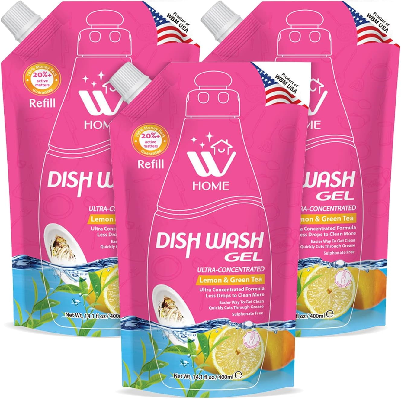 WBM Liquid Dish Soap Refills, Formulated with Lemon & Green Tea Extracts Stain Removal, 400ml/Each, Pack of 3