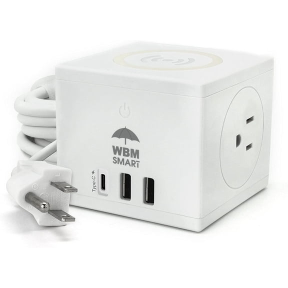WBM Power Strip Cube, Wireless Charge with 2 AC Outlets, 2 USB Ports & 1 Type C Plug, White