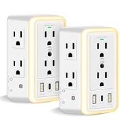 WBM SMART 6-Outlet Extender with USB-C, 2 USB Ports, Surge Protector, 3-Sided Power Strip, Night Light, White