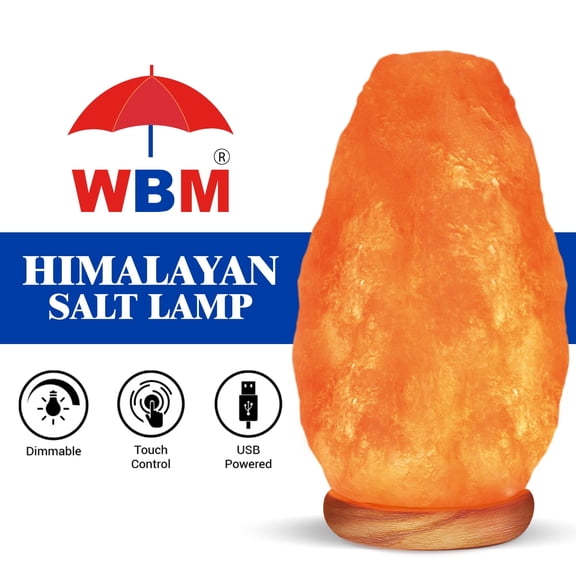 WBM Hand-Carved Himalayan Salt Lamp with Touch Dimmer Control, Wooden Base, LED Bulb, 5-7 lbs