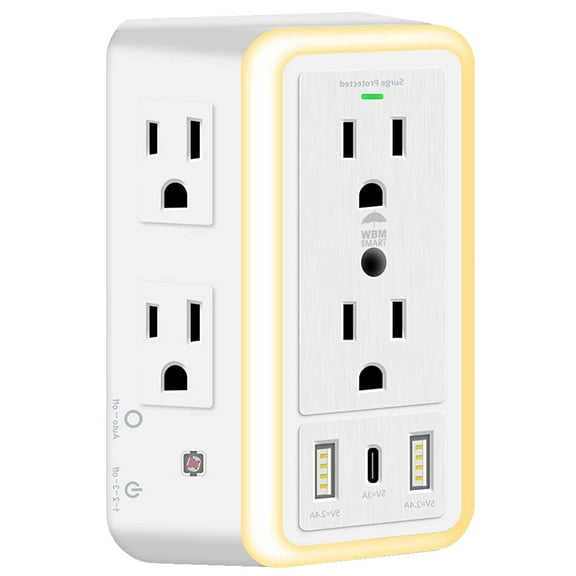 WBM Smart Extension Cord, Multi Indoor Plug 15A, 6-Outlet Adapter with 2 USB Charging Ports- 1 Count