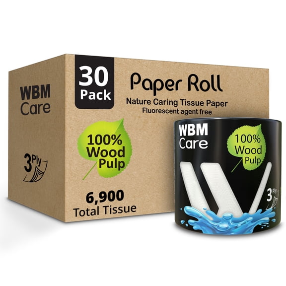 WBM Toilet Tissue Paper, 3-Ply, Soft & Strong, 100% Wood Pulp, Highly Absorbent & Biodegradable, Free from Dyes & Chemicals, 230 Sheets per Roll, 100g