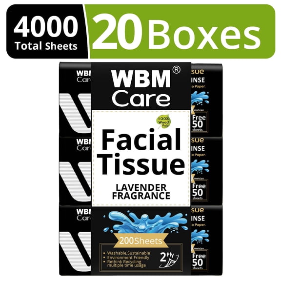 WBM Ultra Soft 2-Ply Facial Tissues, 20 Lavender Mega Tissue Pack, 200 Sheets per Pack, (4000 Total Tissue)