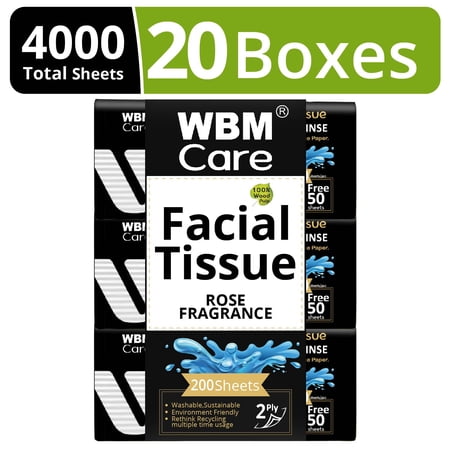 WBM Ultra Soft & Strong 2-Ply Facial Tissues with Rose Fragrance, 200 Sheets/Each (Total 4000), 20 PK