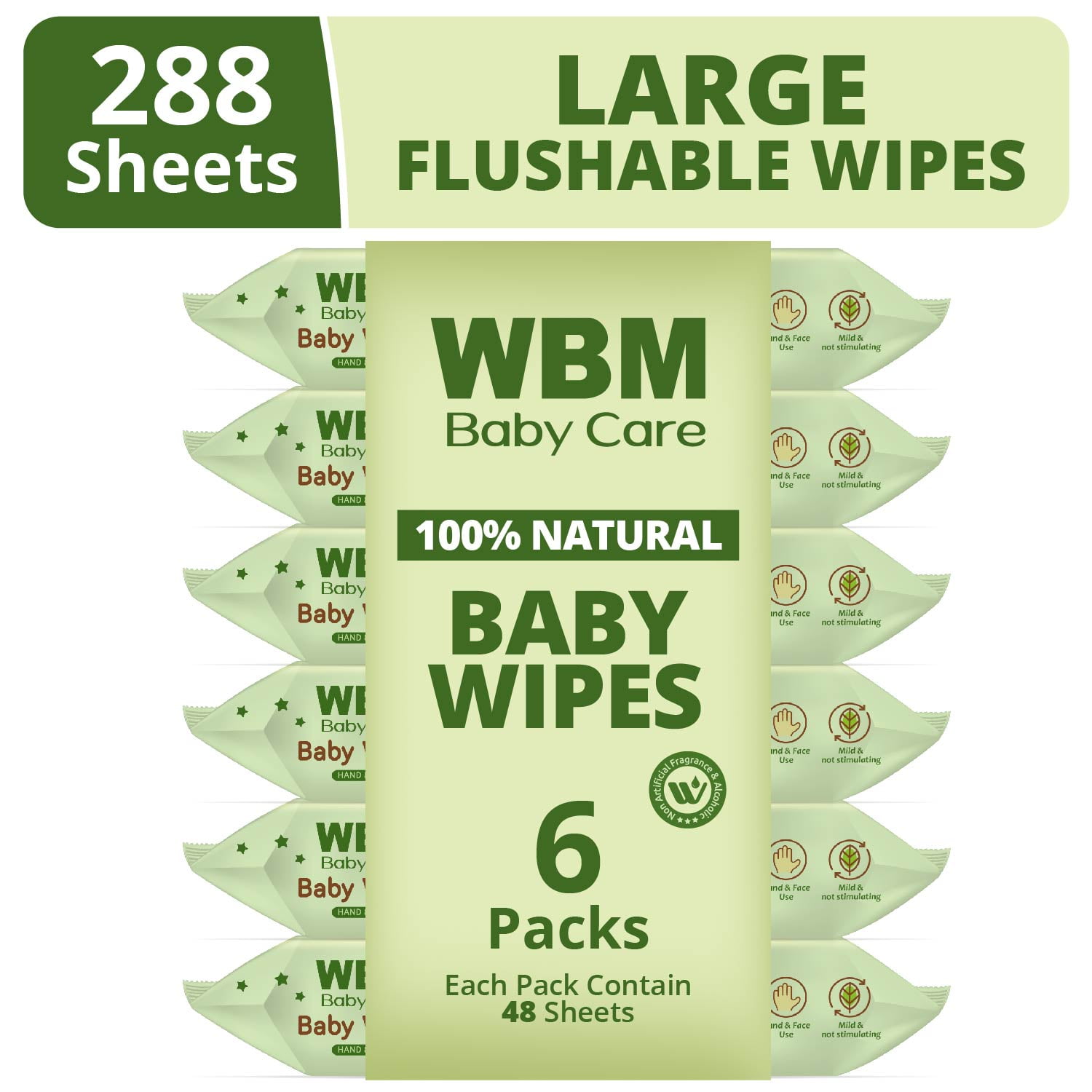 WBM Unscented Large Flushable Wipes, 6 Flip-Top Packs | 48 Wipes per Pack (Total 288 Wipes), 5.5 lb
