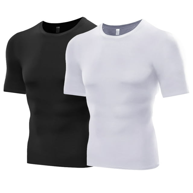 WBQ 2 Pack Men's Athletic Short Sleeve Compression Shirts Workout Running Dry Fit TShirt