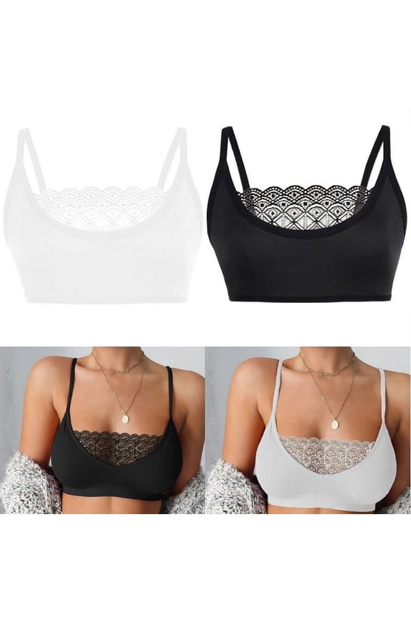 2 Packs Lace Neckline Camisoles Bras, Plus Size Spaghetti Straps Wire-free Women's Sexy Casual Bra with Pads, Asian Size S to 5XL
