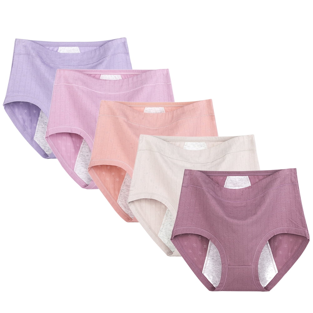 WBQ 5 Pack Plus Size Menstrual Period Underwear for Women Mid Rise Cotton Postpartum Ladies