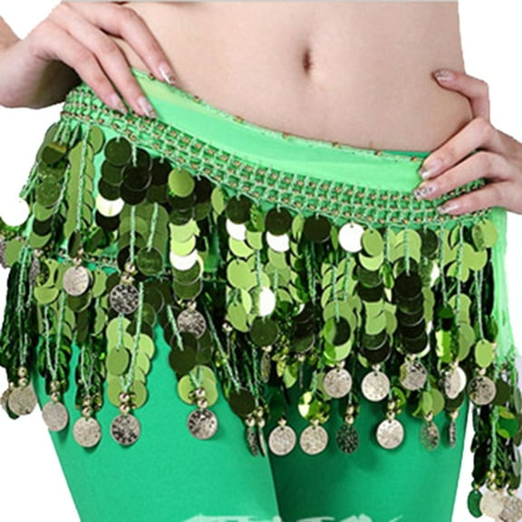 WBQ Belly Dance Hip Scarf, Sweet Belly Dance Skirt Wrap Around Performance Glitter, Women's Belly Dance Costume Green Green