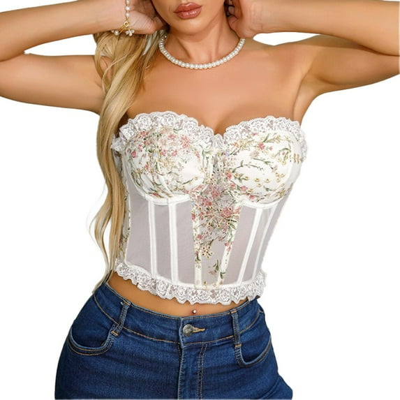 WBQ Floral Embroidery Corset for Women, Fashion Fishbone Wrap Bustiers Ladies Going Out Party Backless Camisole