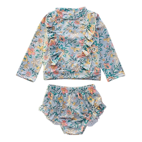 WBQ Girl's Long Sleeved Floral Split Swimsuit, Princess Style, Sun Protection, Lightweight and Breathable, 3-9 Years Old