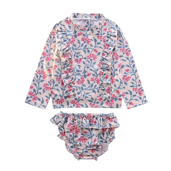 WBQ Girl's Long Sleeved Floral Split Swimsuit, Princess Style, Sun Protection, Lightweight and Breathable, 3-9 Years Old