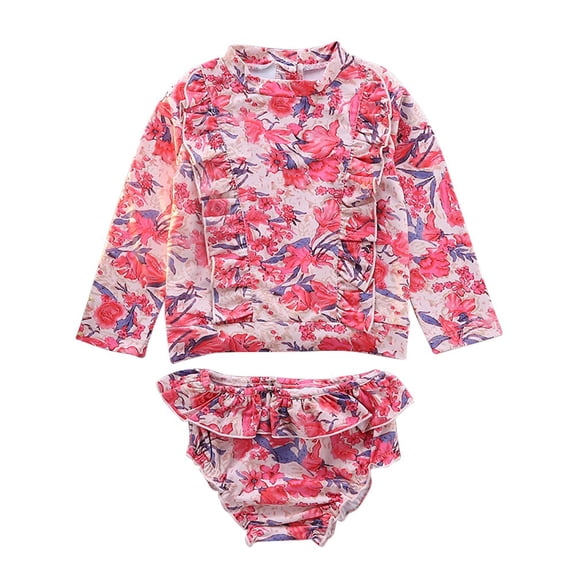 WBQ Girl's Long Sleeved Floral Split Swimsuit, Princess Style, Sun Protection, Lightweight and Breathable, 3-9 Years Old