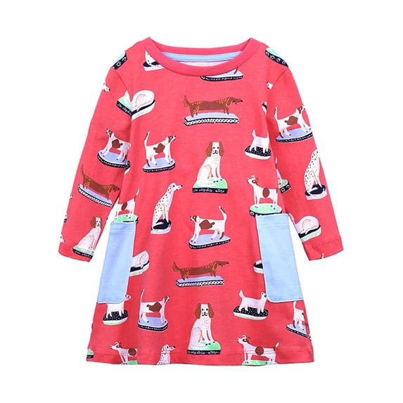 WBQ Girls Cartoon Dress Applique Party Dresses Casual Jersey Cotton Long-Sleeved 12M-7Y