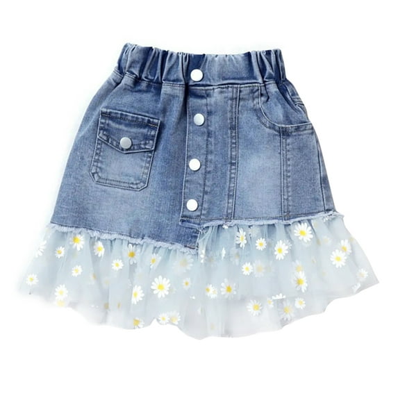 WBQ Girls Denim Skirt Asymmetric Denim Chiffon Skirt Elastic Waist Short Jean Skirt Daisy Tulle Skirt with Pockets for Little Big Girls 3-14 Years