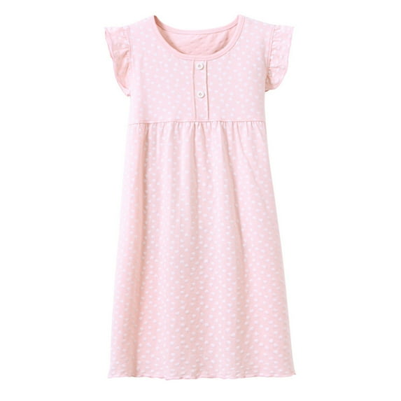 WBQ Girls Short Sleeve Nightgown Sleepwear Crew Neck Ruffle Sleeve Princess Nightdress with Button Decor, Heart Printed Cute Nightshirt Cotton Blend Pajama Dress for Little Big Girls 2-12 Years
