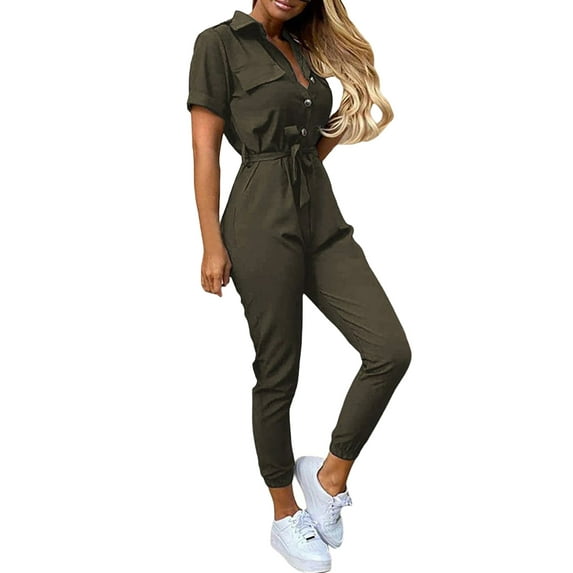 WBQ Jumpsuits for Women Summer Casual Short Sleeve Long Pants Rompers Button Up Collared One Piece Jumpsuit