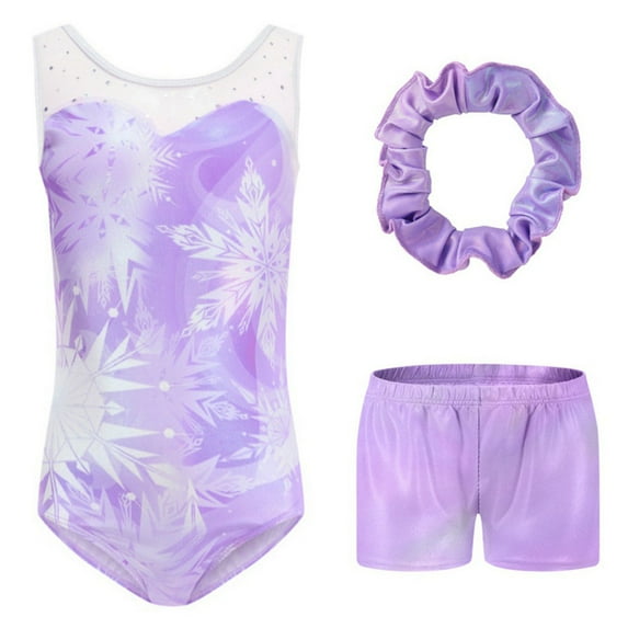 WBQ Kids Girls Sleeveless Gymnastics Leotard with Shorts Headband Dancewear Outfits