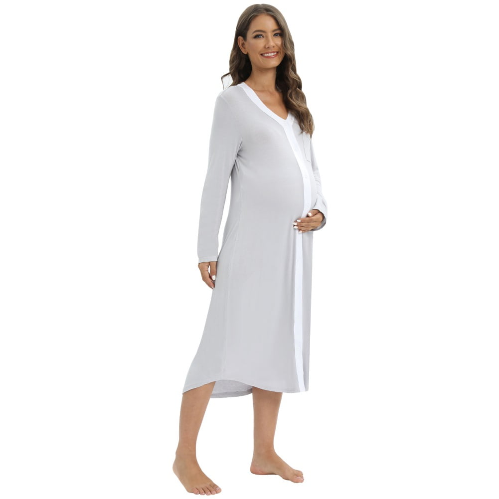 WBQ Long Sleeve Nightgowns for Women Button Down Nursing Nightgown Womens  Maternity Nightshirt Pajama Dress