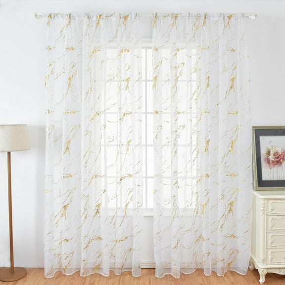 WBQ Marble White Sheer Curtains 78.7inches Long, 1/2 Panel, Rod Pocket Sheer Voile Curtain, Gold Foil Print Metallic Bronzing, Sheer Curtain Panels for Bedroom Living Room 39.4 x78.7 In