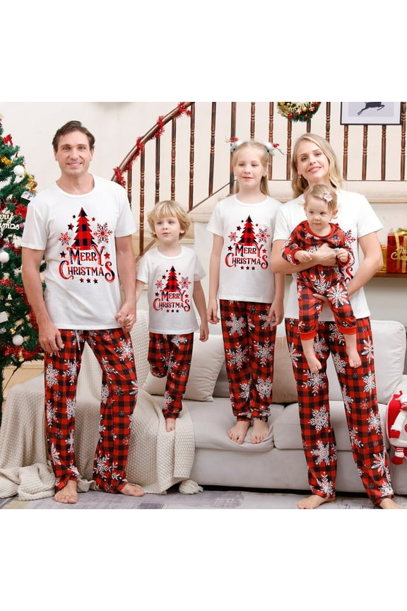 Matching Family Pajamas Sets Christmas PJ's with Short Sleeve White Tee and Print Pants Loungewear with Pocket