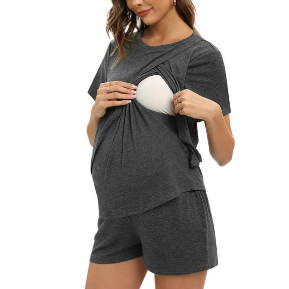 WBQ Maternity Nursing Pajamas Set Short Sleeve Breastfeeding Sleepwear Double Layer Postpartum Top and Shorts Sets