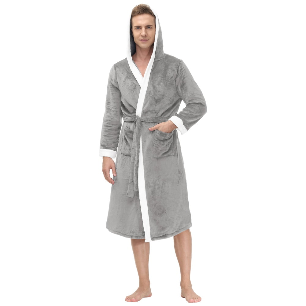WBQ Mens Hooded Robe Plush Shawl Collar Kimono Bathrobe Soft Warm Flannel Fleece Spa Robes House